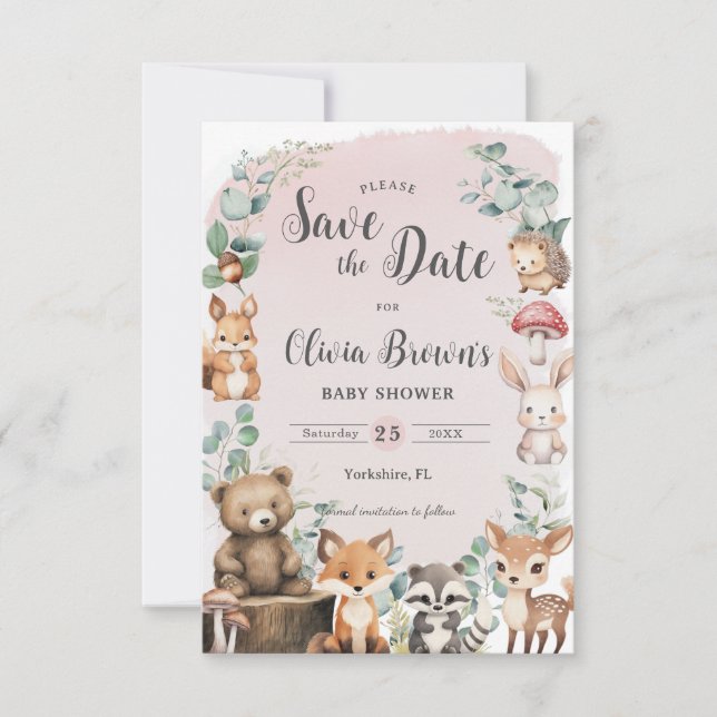 Cute Woodland Animals Greenery Rosa Baby Shower Spara Datumet (Framsida)