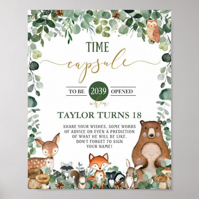 Cute Woodland Animals Greenery Time Capsule-tecken Poster (Framsidan)