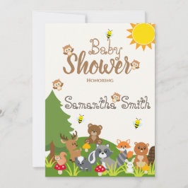 Cute Woodland Animals Grönt Träd Sol Baby Shower Inbjudningar