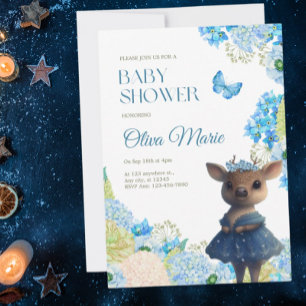 Cute Woodland Animals Hjort Blue Blommigt Baby Sho Inbjudningar