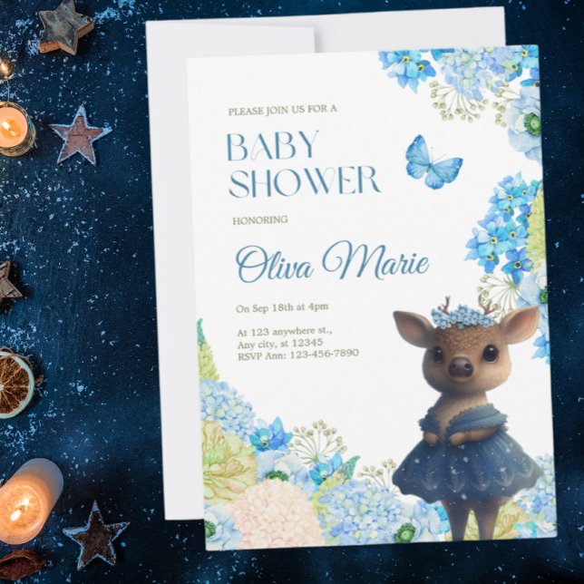 Cute Woodland Animals Hjort Blue Blommigt Baby Sho Inbjudningar (Skapare uppladdad)