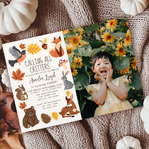 Cute Woodland Animals - höstfoto Barns födelsedag Inbjudningar