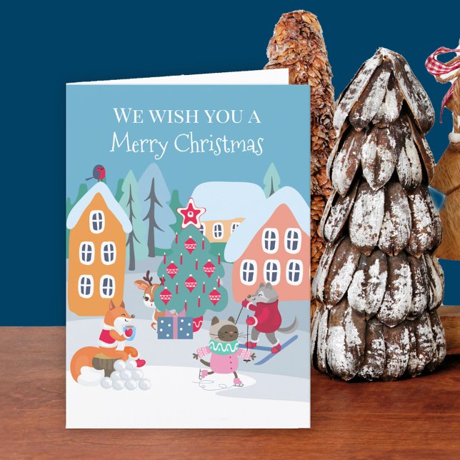 Cute Woodland Animals i Snö God jul Helgkort (Kids Christmas Card. Buy professionally printed or as printable digital download.)
