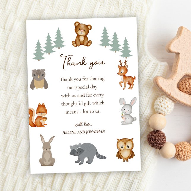 Cute Woodland Animals Kön Neutral Baby Shower Tack Kort (Cute Woodland Animals Gender Neutral Baby Shower Thank You Card)