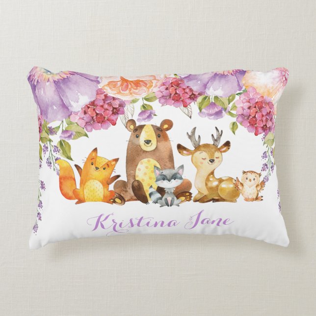Cute Woodland Animals Lila Blommigt Nursery Decor Prydnadskudde (Framsidan)