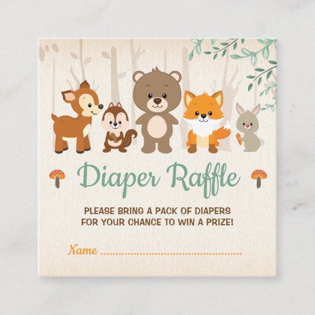 Cute Woodland Animals Neutralt Baby Diaper Raffle Tilläggskort (Framsida)