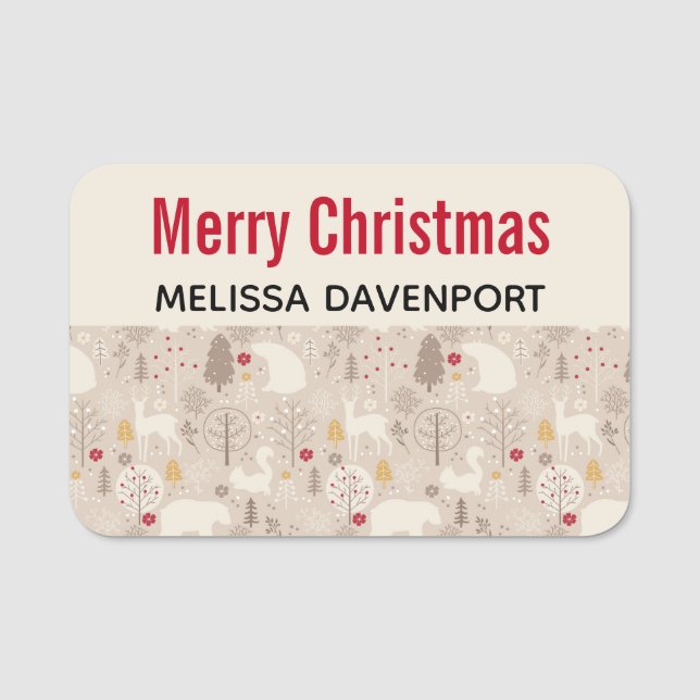 Cute Woodland Animals Nordic Mönster jul Namnbricka (Framsida)