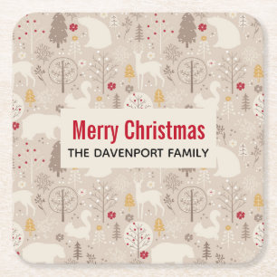 Cute Woodland Animals Nordic Mönster jul Underlägg Papper Kvadrat
