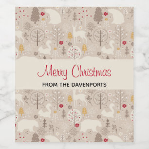 Cute Woodland Animals Nordic Mönster jul Vinflaska Etikett