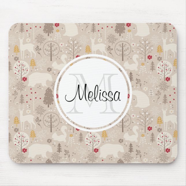 Cute Woodland Animals Nordic Mönster Monogram Musmatta (Framsidan)