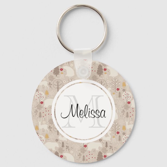 Cute Woodland Animals Nordic Mönster Nyckelring (Framsida)