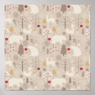 Cute Woodland Animals Nordic Mönster Poster