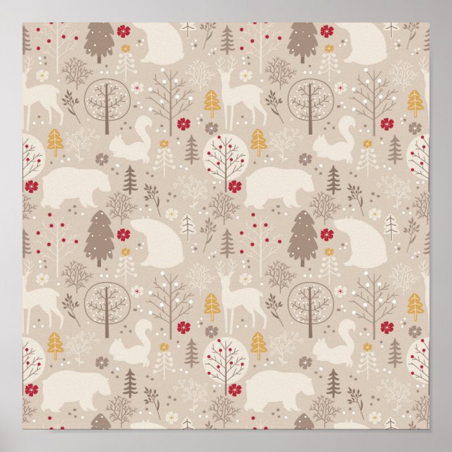 Cute Woodland Animals Nordic Mönster Poster (Framsidan)