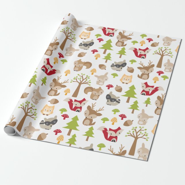 Cute Woodland Animals och Forest Mönster Presentpapper (Utrullad)