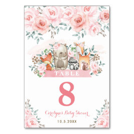 Cute Woodland Animals Pastel Rosa Blommigt Flicka Bordsnummer