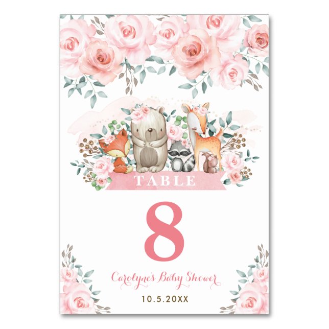 Cute Woodland Animals Pastel Rosa Blommigt Flicka Bordsnummer (Framsidan)