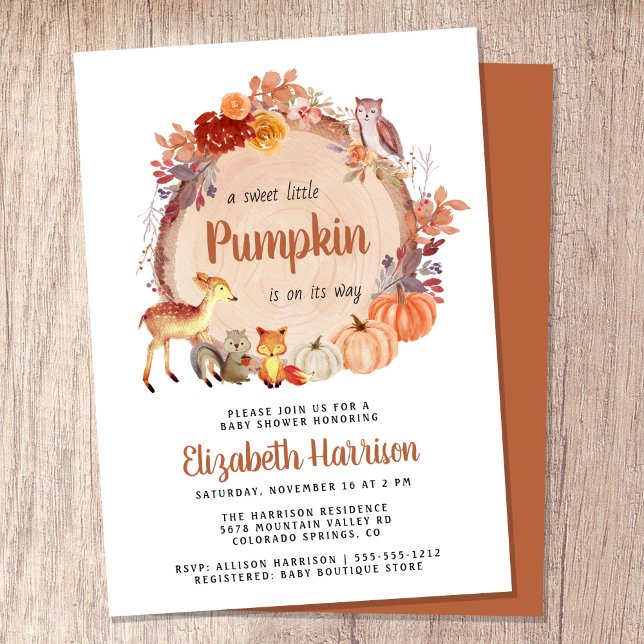 Cute Woodland Animals Pumpkin Baby Shower Inbjudningar (Celebrate the upcoming arrival of your sweet little autumn baby with a pumpkin-themed baby shower)