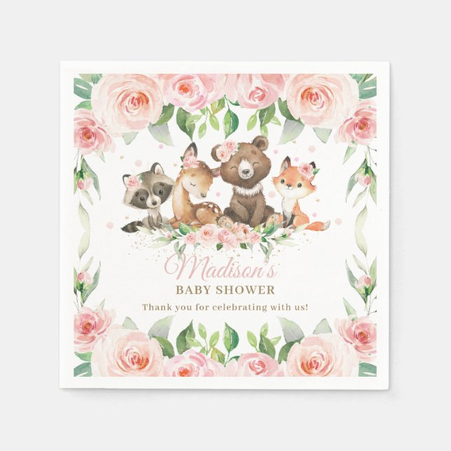 Cute Woodland Animals Rosa Blommigt Girl Baby Show Pappersservett (Framsidan)