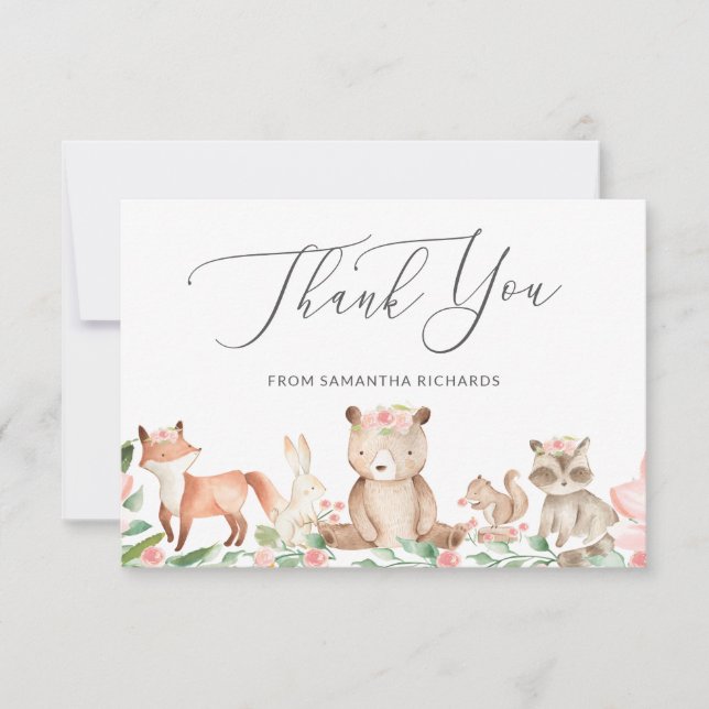 Cute Woodland Animals Rosa Blommigt Girl Baby Show Tack Kort (Framsida)