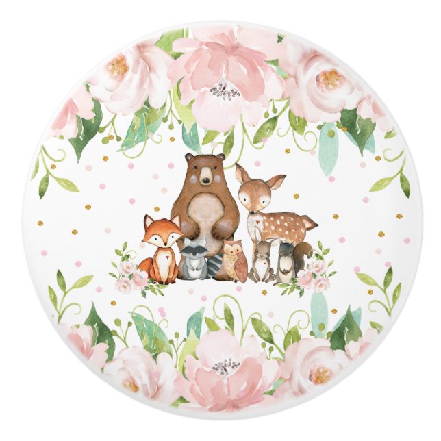 Cute Woodland Animals  Rosa Blommigt Girl Girl Knopp (Framsidan)