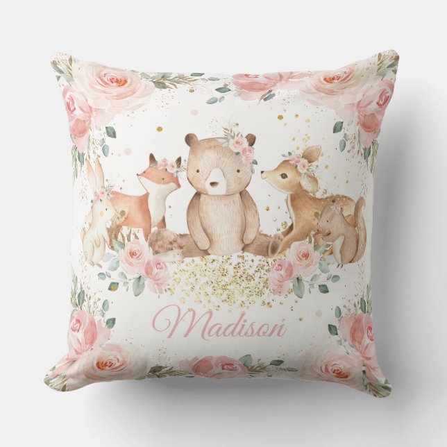 Cute Woodland Animals  Rosa Blommigt Nursery  Kudde (Framsida)