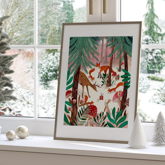 Cute Woodland Animals Rosa jul Forest Poster (Cute Woodland Animals Pink Christmas Forest Poster)