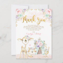 Cute Woodland Animals Rosa Mint Guld Blommigt Tack Kort