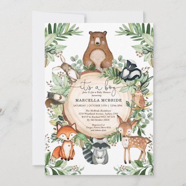 Cute Woodland Animals Rustic Greenery Baby Shower Inbjudningar (Framsida)
