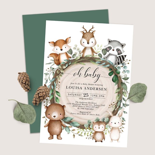 Cute Woodland Animals Rustic Greenery Baby Shower Inbjudningar (Skapare uppladdad)