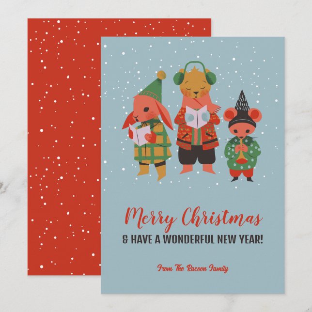 Cute Woodland Animals Sjunga Sång God jul Julkort (Fram/baksida)