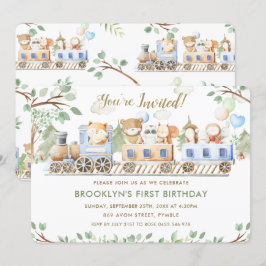 Cute Woodland Animals Tåg Greenery Birthday Inbjudningar