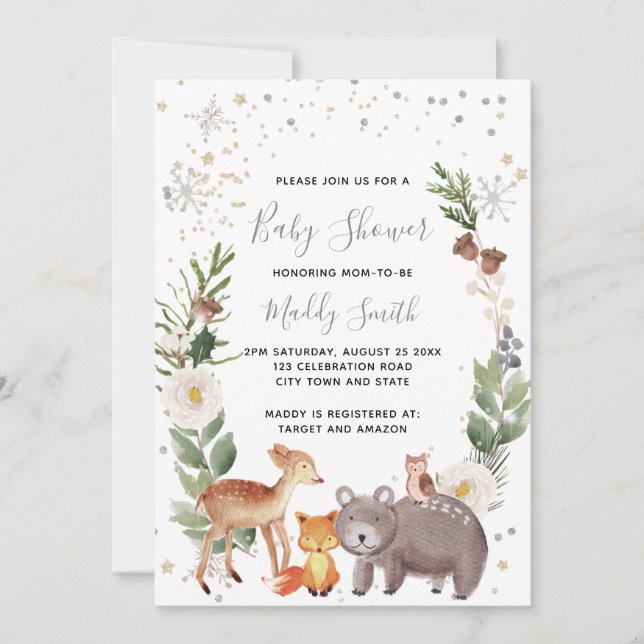 Cute Woodland Animals Vinter Baby Shower Inbjudningar (Framsida)