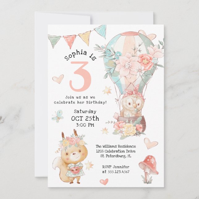 Cute Woodland Animals Watercolor Birthday for Girl Inbjudningar (Framsida)