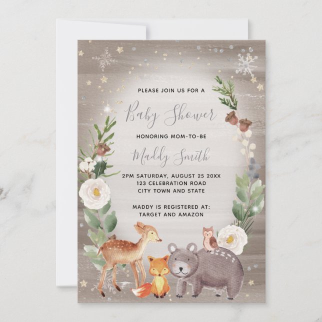 Cute Woodland Animals Winter Baby Shower Neutralt Inbjudningar (Framsida)