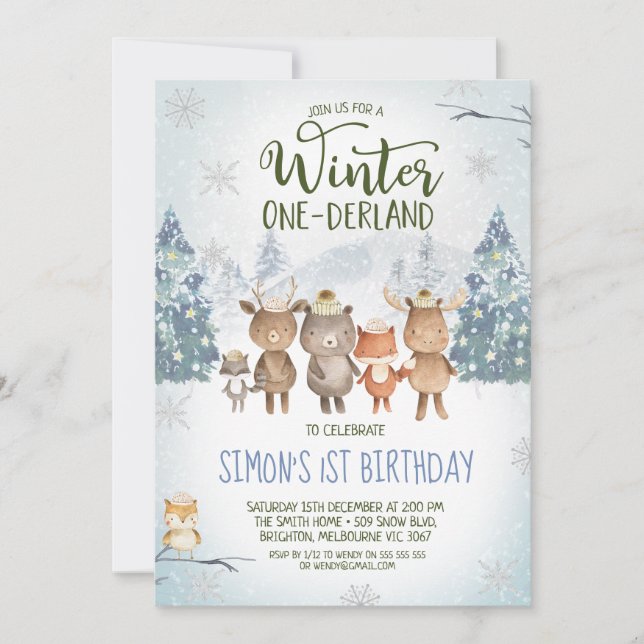 Cute Woodland Animals Winter Onederland Birthday Inbjudningar (Framsida)