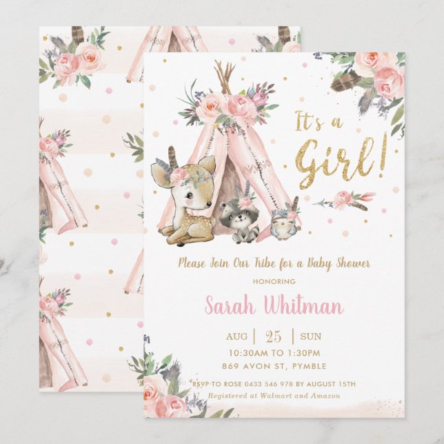 Cute Woodland Animo Boho Tribal Girl Baby Shower Inbjudningar (Fram/baksida)