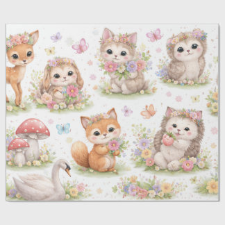 Cute Woodland Baby Animals Floral Wrapping Paper Presentpapper