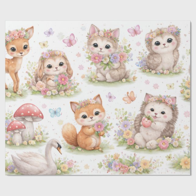 Cute Woodland Baby Animals Floral Wrapping Paper Presentpapper (Platt)
