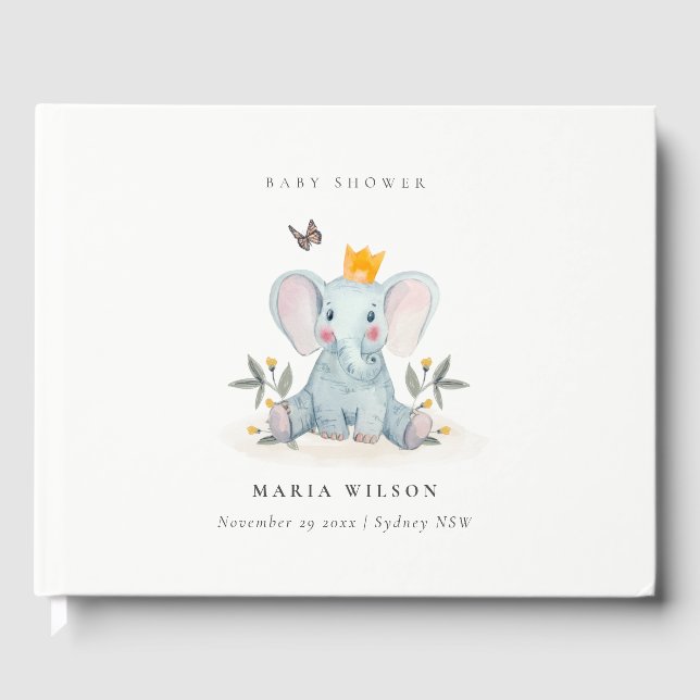 Cute Woodland Baby Elephant Foliage Baby Shower Gästböcker (Framsida)