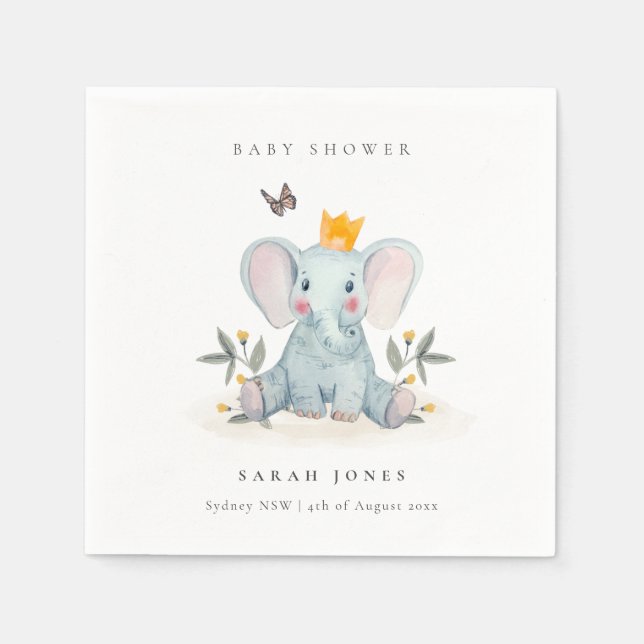 Cute Woodland Baby Elephant Foliage Baby Shower Pappersservett (Framsidan)