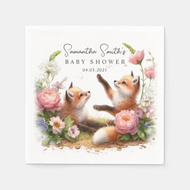 Cute Woodland Baby Foxes Vår Baby Shower Pappersservett (Framsidan)