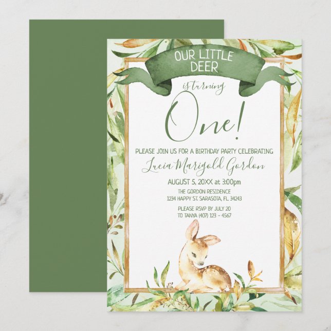 Cute Woodland Baby Hjort Första Födelsedagsfesten Inbjudningar (Fram/baksida)