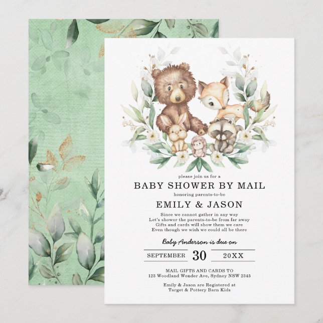 Cute Woodland Baby Shower by Mail Greenery Guld Inbjudningar (Fram/baksida)