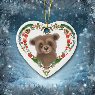 Cute Woodland Bear Hjärtkrans Helgdag Julgransprydnad Keramik