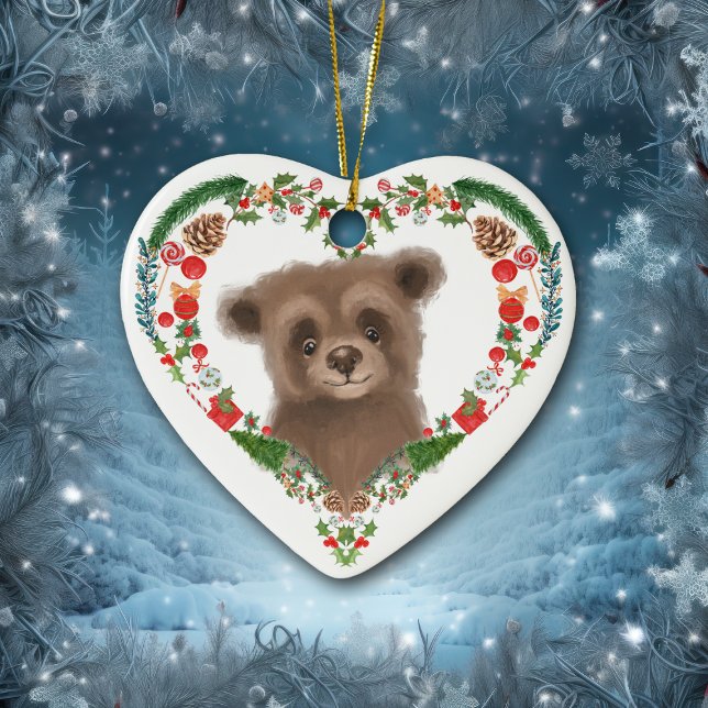 Cute Woodland Bear Hjärtkrans Helgdag Julgransprydnad Keramik (Skapare uppladdad)