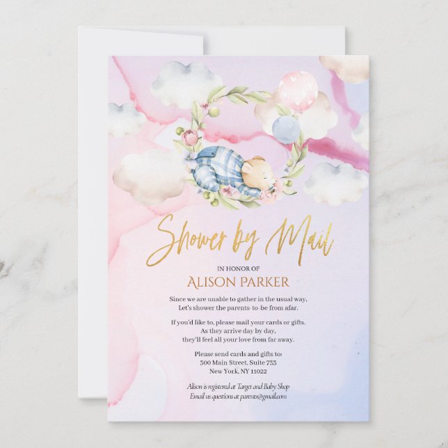 Cute Woodland Bear Rosa Himlar Baby Shower by Mail Inbjudningar (Framsida)