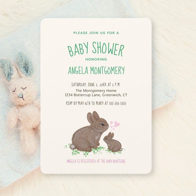 Cute Woodland Bunnies med Hearts Baby Shower Inbjudningar (Skapare uppladdad)