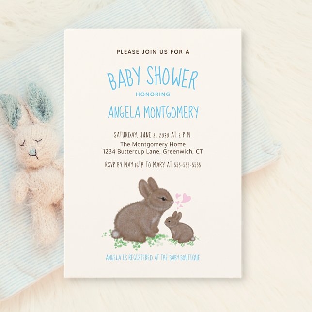 Cute Woodland Bunnies med Hearts Boy Shower Inbjudningar (Skapare uppladdad)