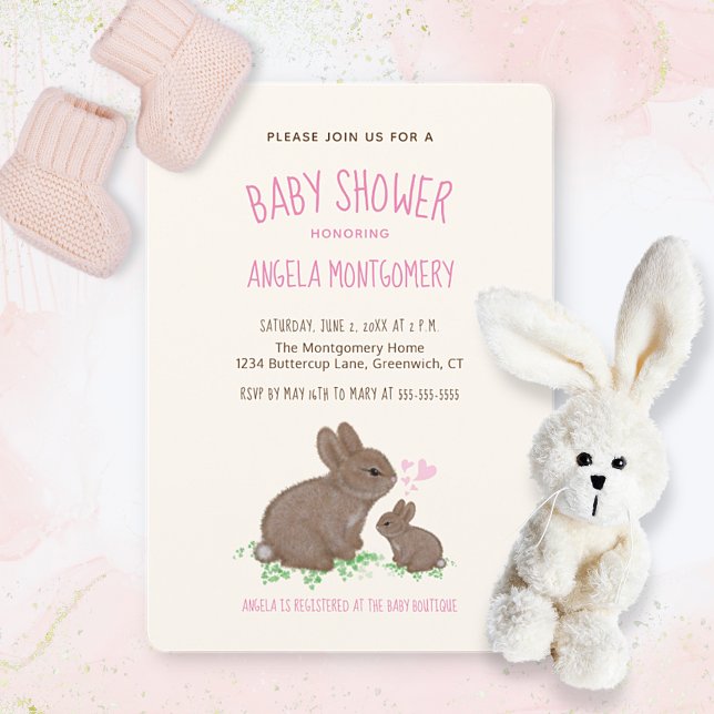 Cute Woodland Bunnies med Hearts Girl Baby Shower Inbjudningar (Skapare uppladdad)