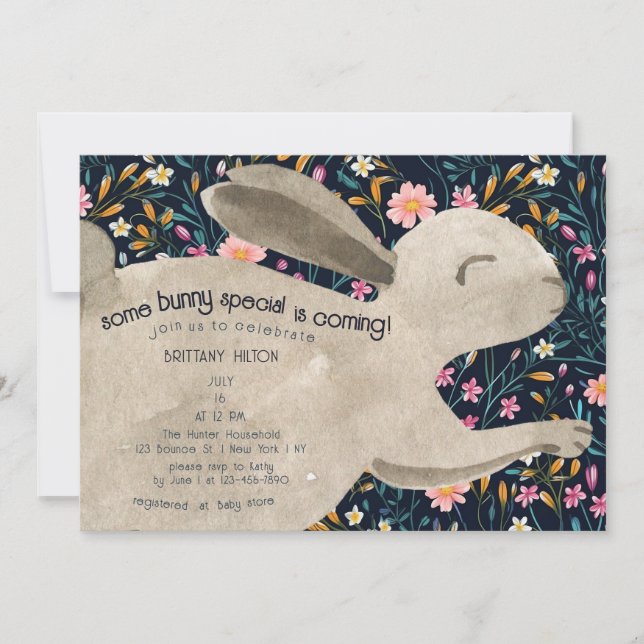 Cute Woodland Bunny Blommigt Baby Shower Inbjudningar (Framsida)